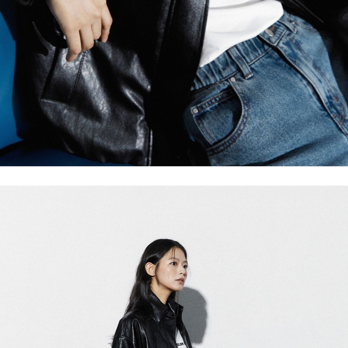 코어 어센틱 26FW 하이넥 FAUX 레더 블루종