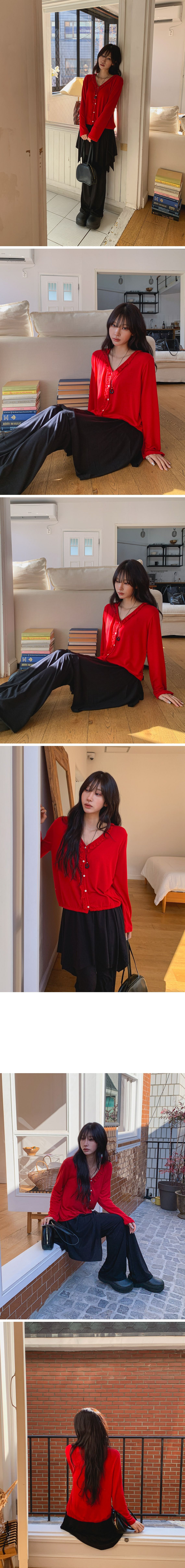 |KHJ6D73|여성 브이넥 레이스 프릴 폴리스판 가디건