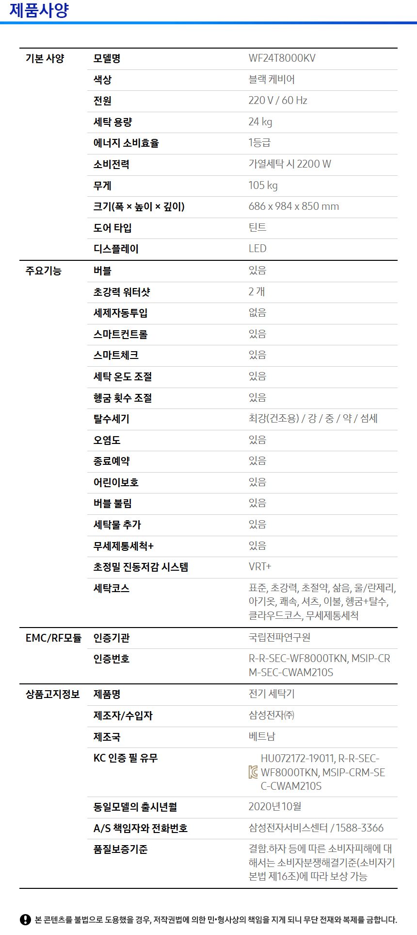 [E]삼성 그랑데 세탁기 24KG WF24T8000KV