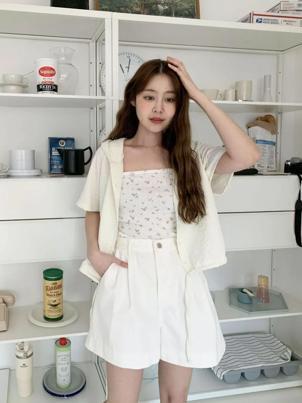 |KMH3D9A|여성 플라워 디자인 루즈핏 후드 셔츠