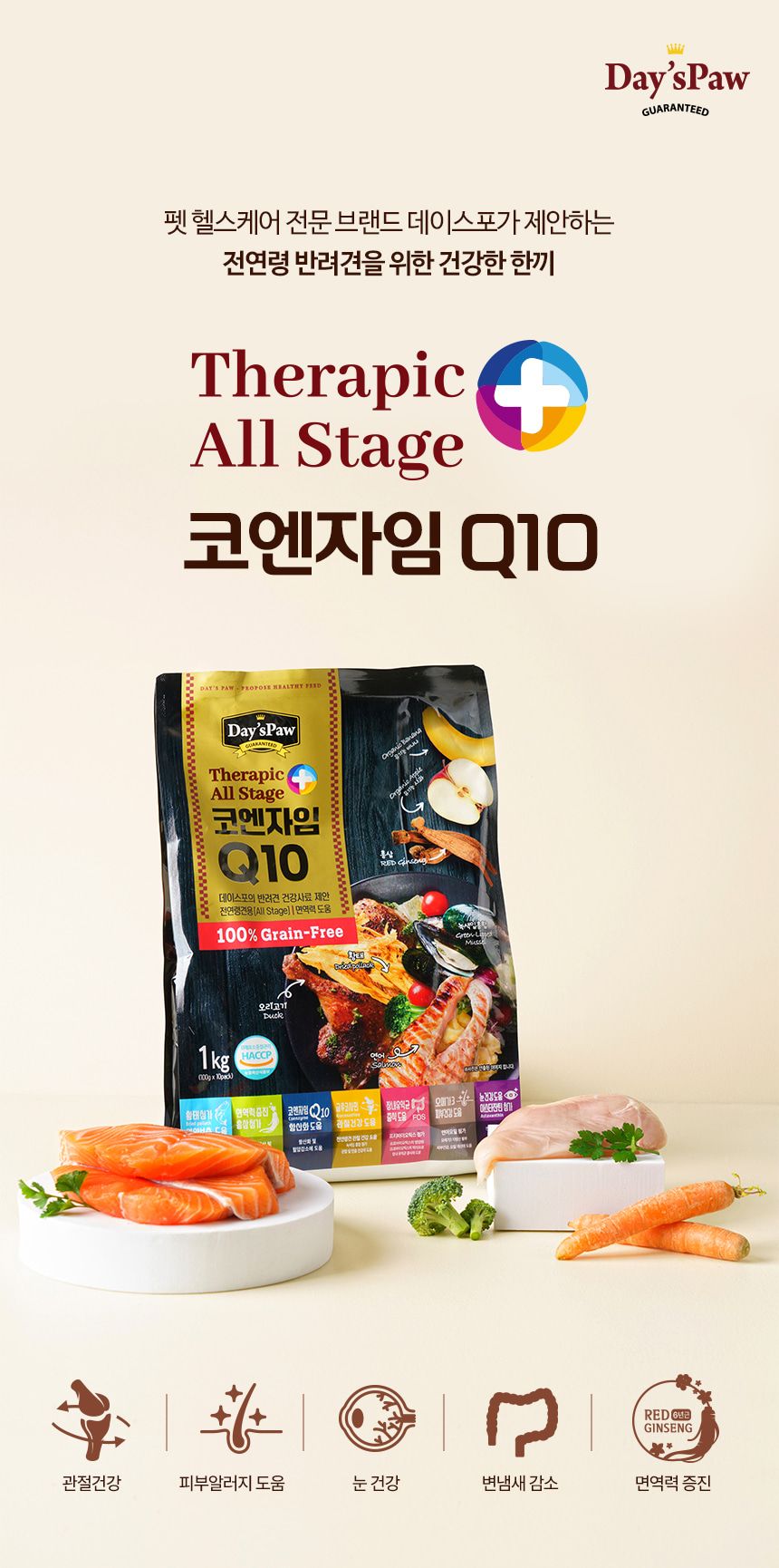 데이스포 테라픽 코엔자임 Q10 강아지 전연령사료 1kg x 5개 + 데이스포 코엔자임Q10 영양제 120g